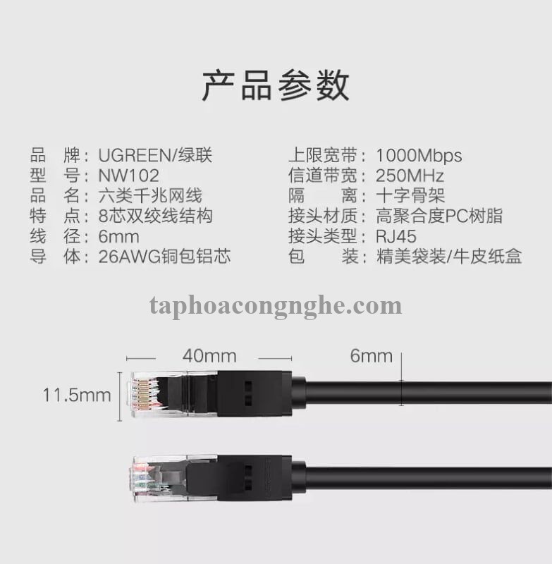 Ugreen 50178 10M màu Đen Cáp mạng LAN CAT6 dây dẹt NW102 30050178